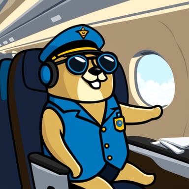 Go Blue Gopher with pilot glasses sitting in an airplane.