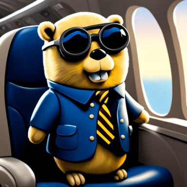 Go Blue Gopher with pilot glasses sitting in an airplane.