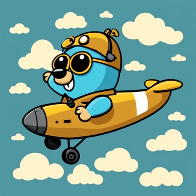 A go blue gopher being a pilot flies high in the sky, expertly navigating through clouds and over landscapes, showcasing remarkable skills and the spirit of adventure.