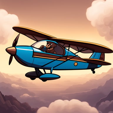 A go blue gopher being a pilot flies high in the sky, expertly navigating through clouds and over landscapes, showcasing remarkable skills and the spirit of adventure.