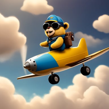 A go blue gopher being a pilot flies high in the sky, expertly navigating through clouds and over landscapes, showcasing remarkable skills and the spirit of adventure.