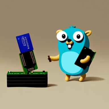 Go Blue Gopher holding a RAM memory chip.
