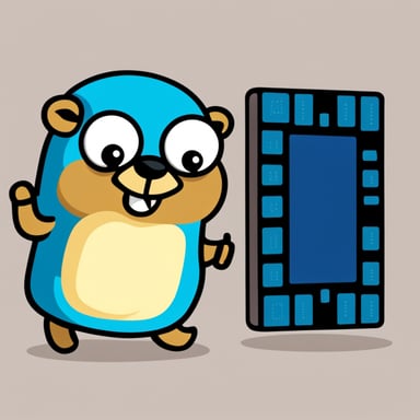 Cartoon Go Blue Gopher holding a RAM memory chip.