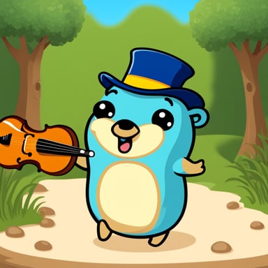Happy Go Blue Gopher with a Hat is being an orchestra conductor.