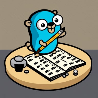 A go blue gopher with a pencil behind its ear, puzzling over a crossword puzzle.