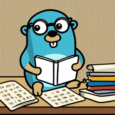A go blue gopher with a pencil behind its ear, puzzling over a crossword puzzle.