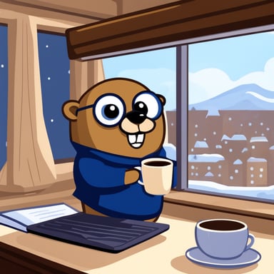 Go Blue Gopher is drinking coffee and working on the notebook. Through the window, Go Blue Gopher can see the Hermitage.