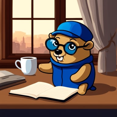 Go Blue Gopher is drinking coffee and working on the notebook. Through the window, Go Blue Gopher can see the Hermitage.
