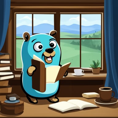 Go Blue Gopher is drinking coffee and working on the notebook. Through the window, Go Blue Gopher can see the Hermitage.