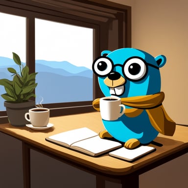 Go Blue Gopher is drinking coffee and working on the notebook. Through the window, Go Blue Gopher can see the Hermitage.