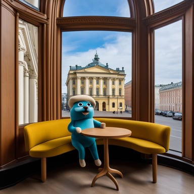 Go Blue Gopher drinks coffee in a cafe, sits at his laptop, and looks through the window at the Hermitage Museum.