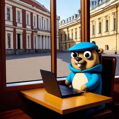 Go Blue Gopher drinks coffee in a cafe, sits at his laptop, and looks through the window at the Hermitage Museum.