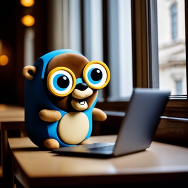 Go Blue Gopher drinks coffee in a cafe, sits at his laptop, and looks through the window at the Hermitage Museum.