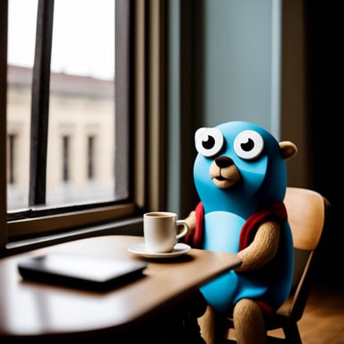 Go Blue Gopher drinks coffee in a cafe, sits at his laptop, and looks through the window at the Hermitage Museum.