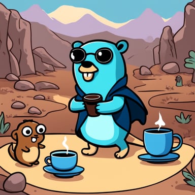 Go Blue Gopher drinks coffee and sits with dinosaurs.