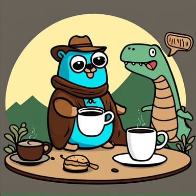 Go Blue Gopher drinks coffee and sits with dinosaurs.