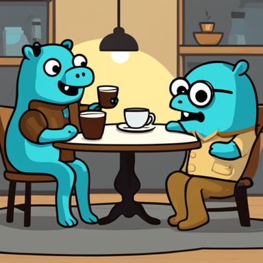 Go Blue Gopher drinks coffee and sits with dinosaurs.