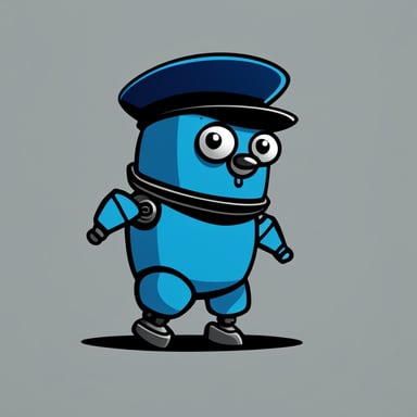 A small robot in the shape of Go Blue Gopher, with a Scottish beret, styled like a mecha, cartoon-style, simple, with no colors just the trace, robot face.