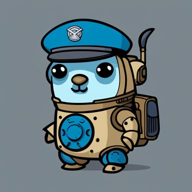 A small robot in the shape of Go Blue Gopher, with a Scottish beret, styled like a mecha, cartoon-style, simple, with no colors just the trace, robot face.
