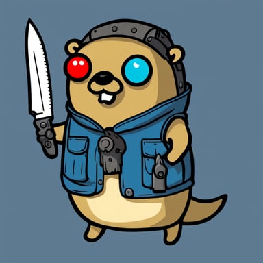 Go Blue Gopher as a cyborg large-sized gopher with a blood knife.