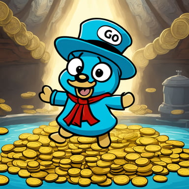 Go Blue Gopher happily diving into a pool of coins like Scrooge McDuck.