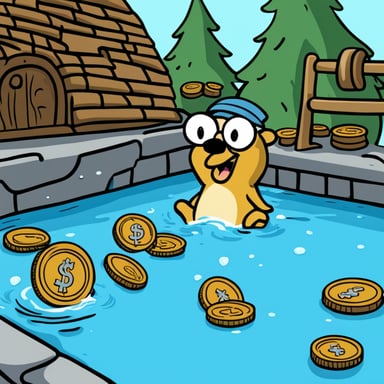 Go Blue Gopher happily diving into a pool of coins like Scrooge McDuck.