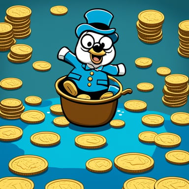 Go Blue Gopher happily diving into a pool of coins like Scrooge McDuck.