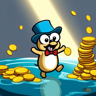 Go Blue Gopher happily diving into a pool of coins like Scrooge McDuck.