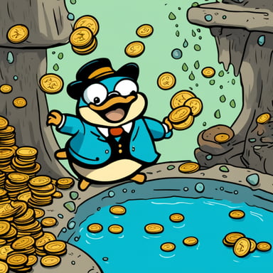 Go Blue Gopher happily diving into a pool of coins like Scrooge McDuck.