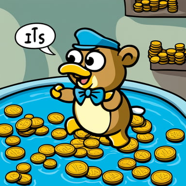 Go Blue Gopher happily diving into a pool of coins like Scrooge McDuck.