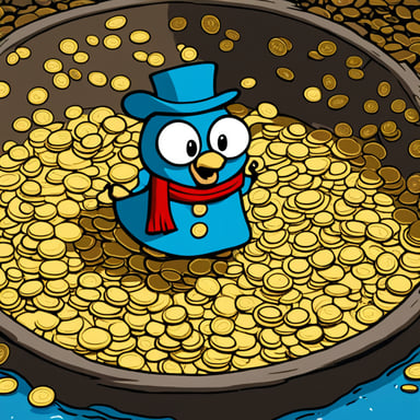 Go Blue Gopher happily diving into a pool of coins like Scrooge McDuck.