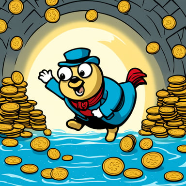 Go Blue Gopher happily diving into a pool of coins like Scrooge McDuck.