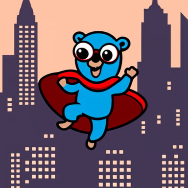 Go Blue Gopher as Spiderman flying between New York's skyscrapers.