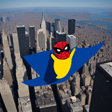 Go Blue Gopher as Spiderman flying between New York's skyscrapers.