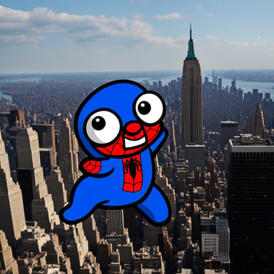 Go Blue Gopher as Spiderman flying between New York's skyscrapers.