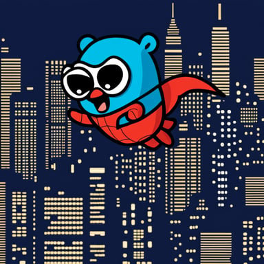 Go Blue Gopher as Spiderman flying between New York's skyscrapers.