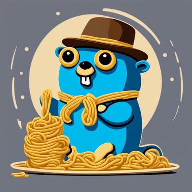 A go blue gopher eating noodles in modeling paste style.