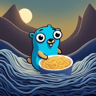 A go blue gopher eating noodles in modeling paste style.