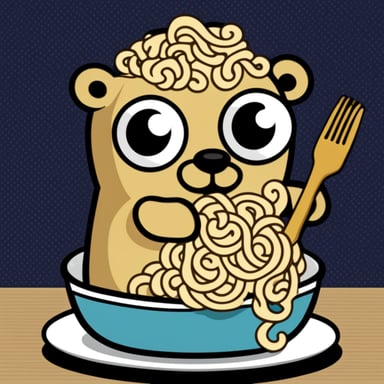 A go blue gopher eating noodles in modeling paste style.