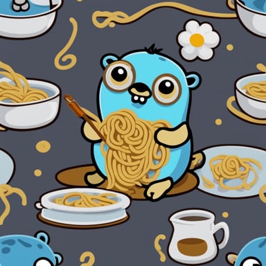 A go blue gopher eating noodles in modeling paste style.