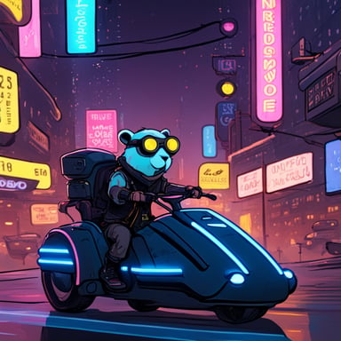 A go blue gopher rides a neon-lit hoverbike through the bustling streets of a cyberpunk city.