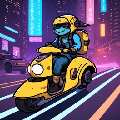 A go blue gopher rides a neon-lit hoverbike through the bustling streets of a cyberpunk city.