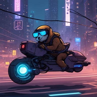 A go blue gopher rides a neon-lit hoverbike through the bustling streets of a cyberpunk city.