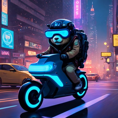 A go blue gopher rides a neon-lit hoverbike through the bustling streets of a cyberpunk city.