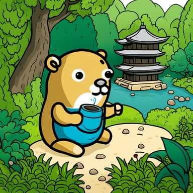 Go Blue Gopher in a Japanese garden drinking tea