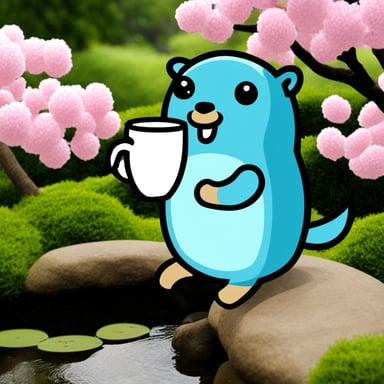 Go Blue Gopher in a Japanese garden drinking tea