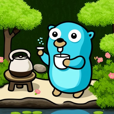 Go Blue Gopher in a Japanese garden drinking tea