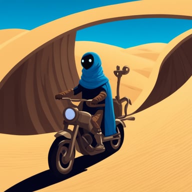 Go blue gopher as a Fremen riding a sandworm in the Dune universe.