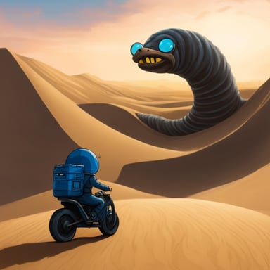 Go blue gopher as a Fremen riding a sandworm in the Dune universe.