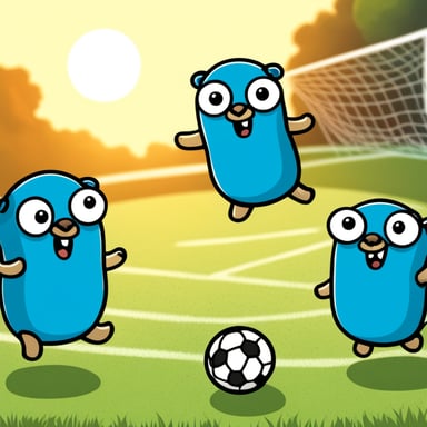 Go Blue Gopher and his team of small colored gophers are playing soccer.